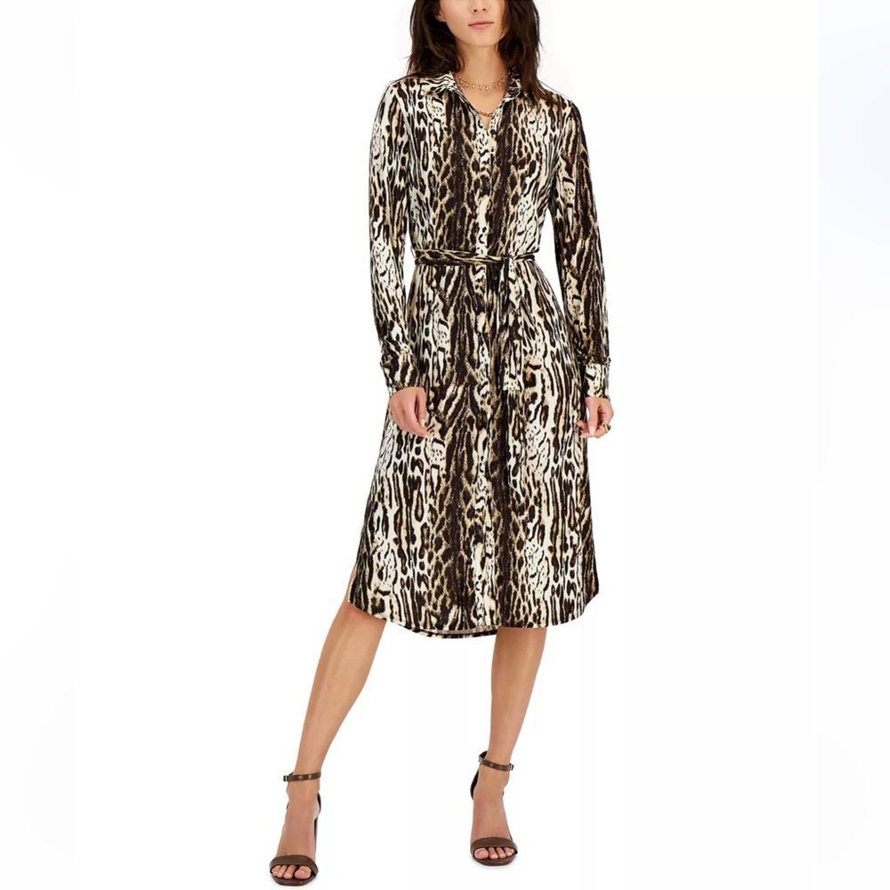 INC | Leopard print long sleeve shirt dress with tie | Small | NWT